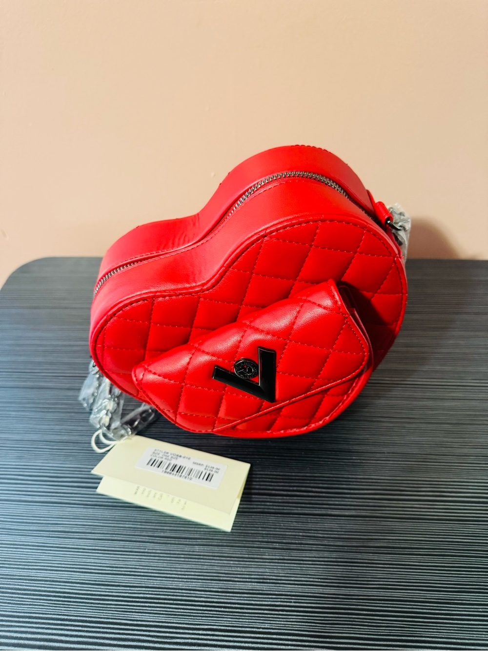 Valentino Orlandi Red Quilted Heart Crossbody Bag with Logo Accent